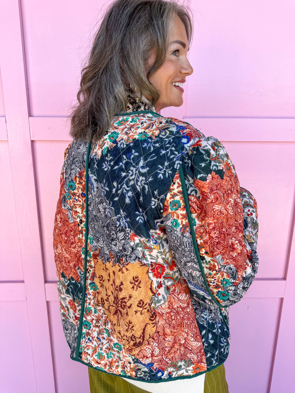 womens boutique quilted jacket multi colored rust red navy orange green jincy's