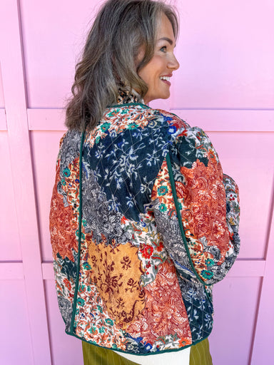 womens boutique quilted jacket multi colored rust red navy orange green jincy's