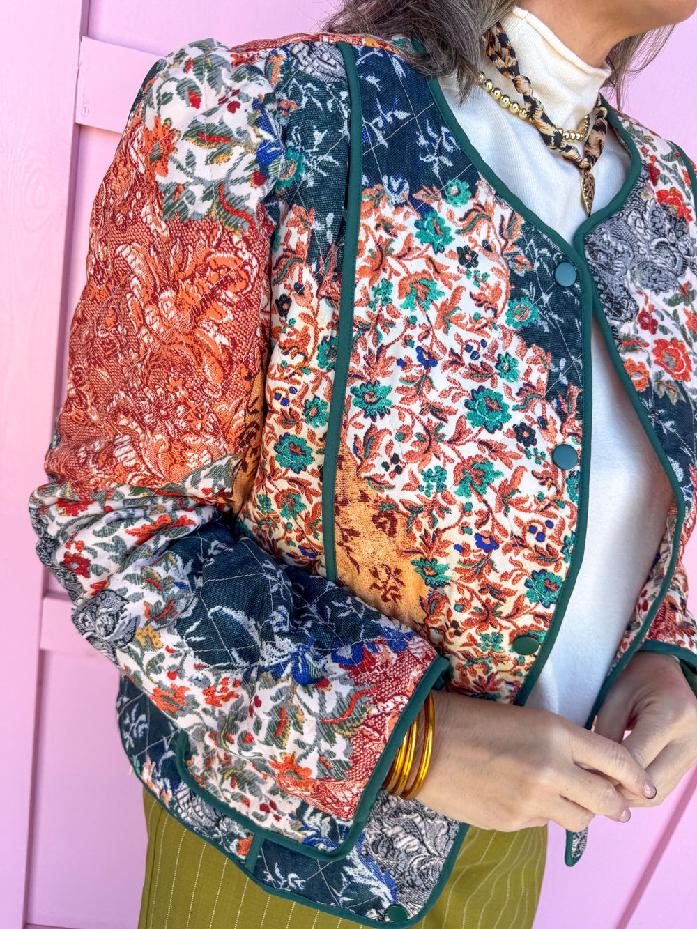 womens boutique quilted jacket multi colored rust red navy orange green jincy's