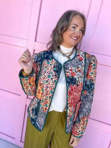 womens boutique quilted jacket multi colored rust red navy orange green jincy's