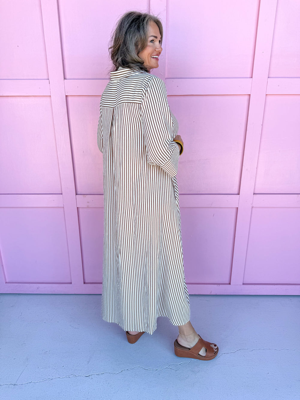 womens boutique striped dress caramel white button front pockets oversized jincy's