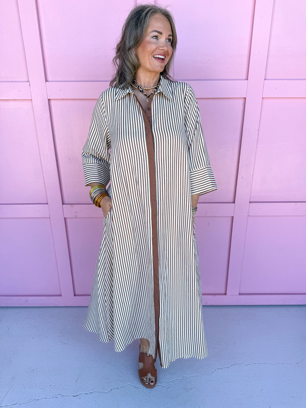 womens boutique striped dress caramel white button front pockets oversized jincy's