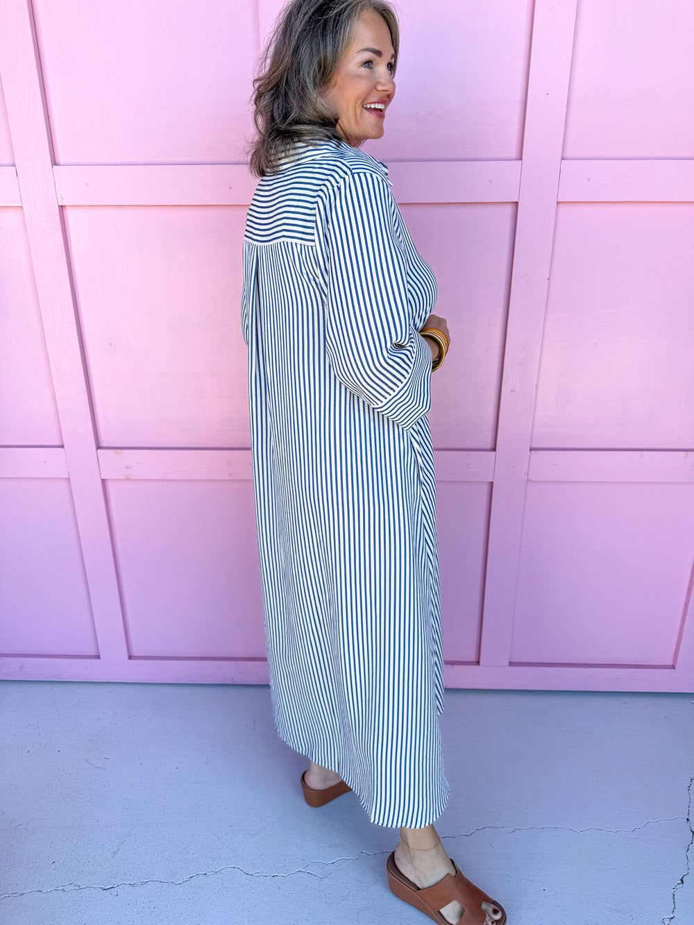 womens boutique striped dress indigo button front pockets jincy's 