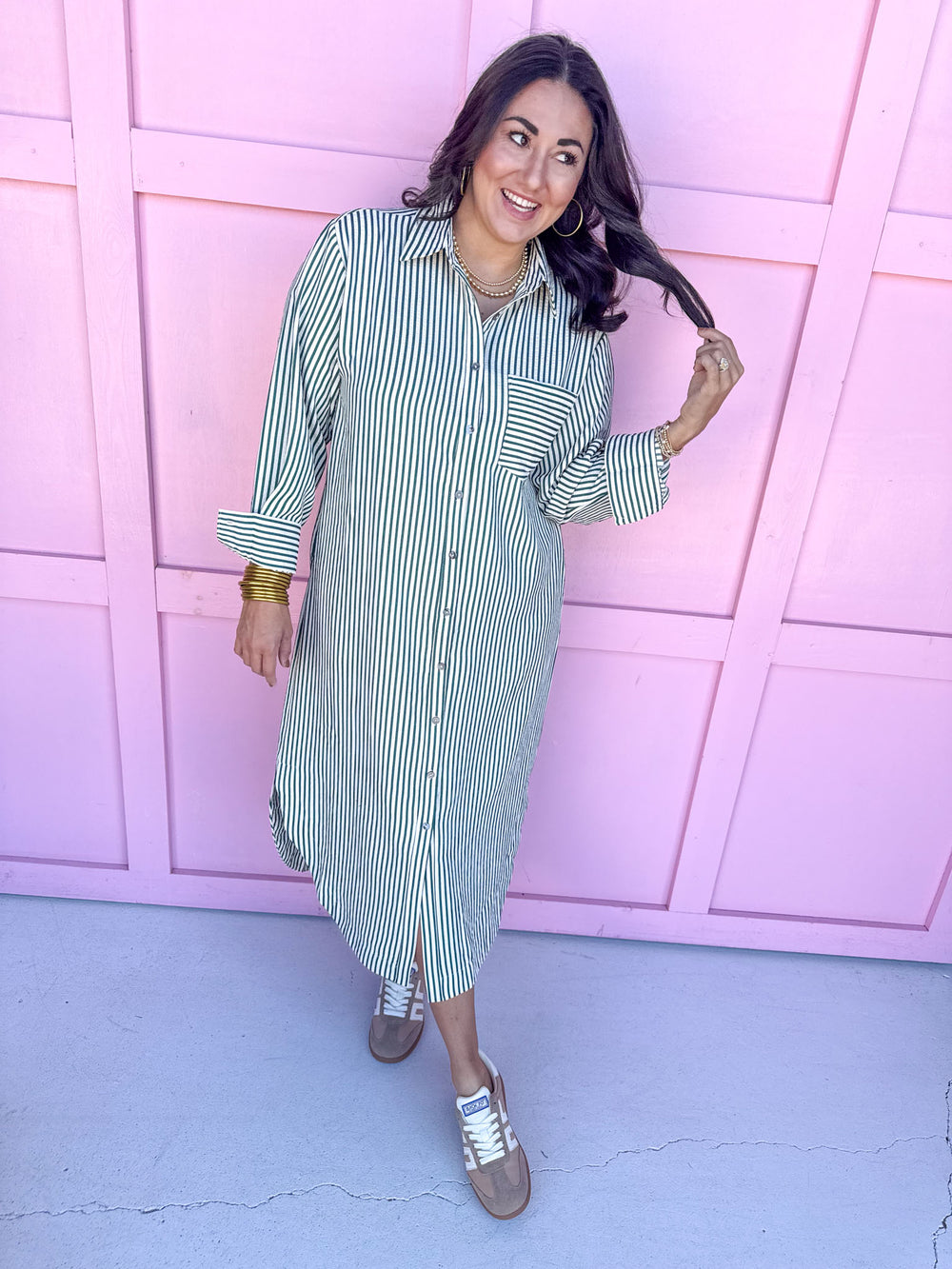 Pretty In Pinstripe Dress - Green S Pretty In Pinstripe Dress - Green S