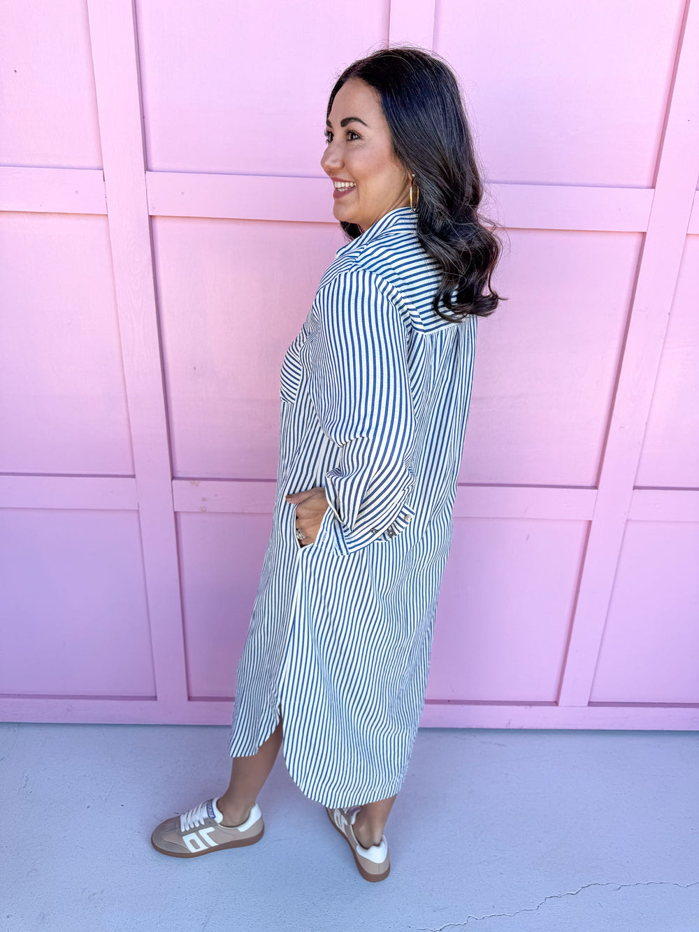 womens boutique striped dress loose fit navy white pockets jincy's