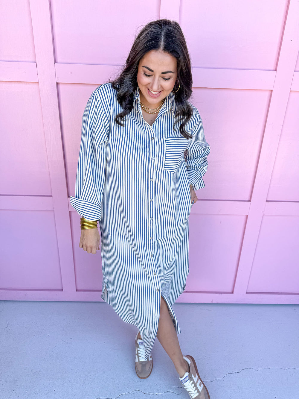 womens boutique striped dress loose fit navy white pockets jincy's