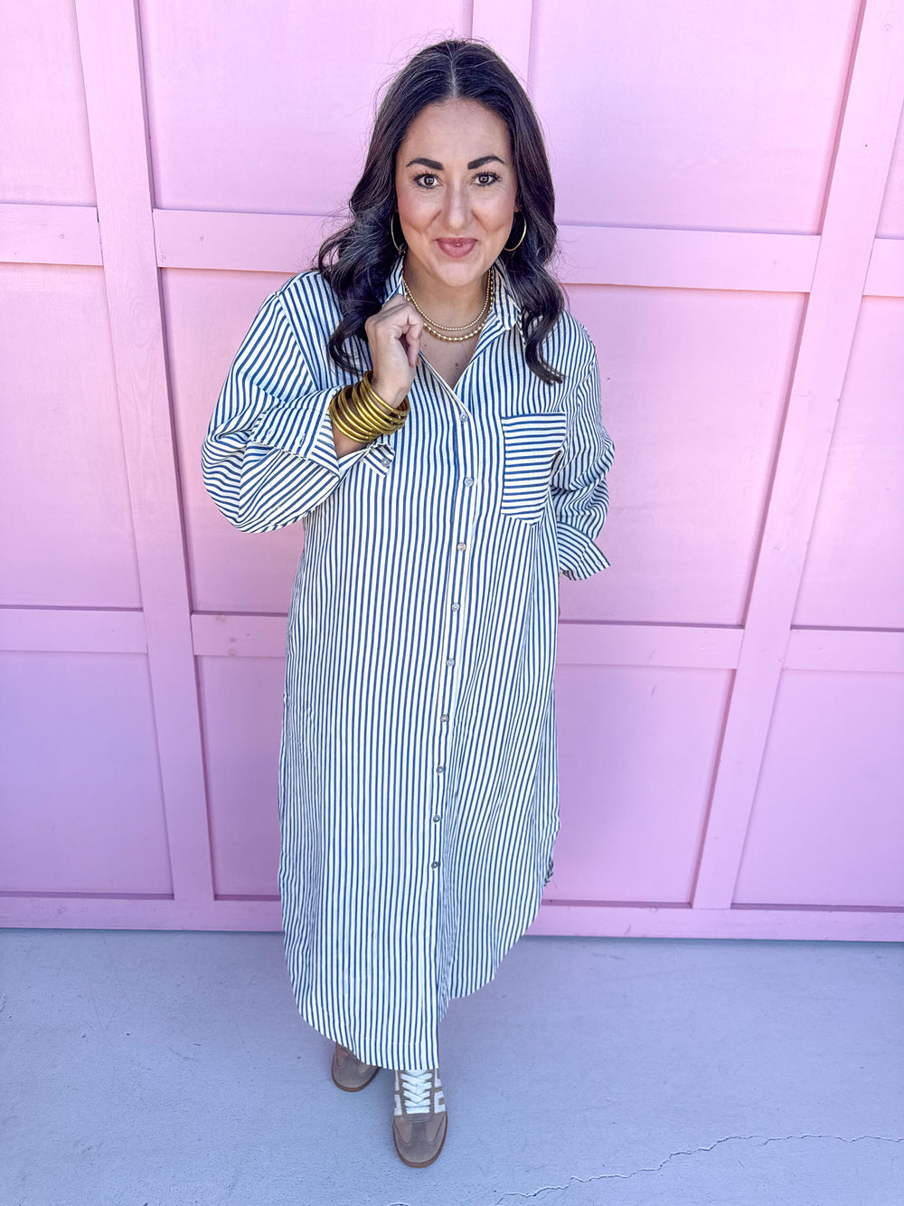 womens boutique striped dress loose fit navy white pockets jincy's