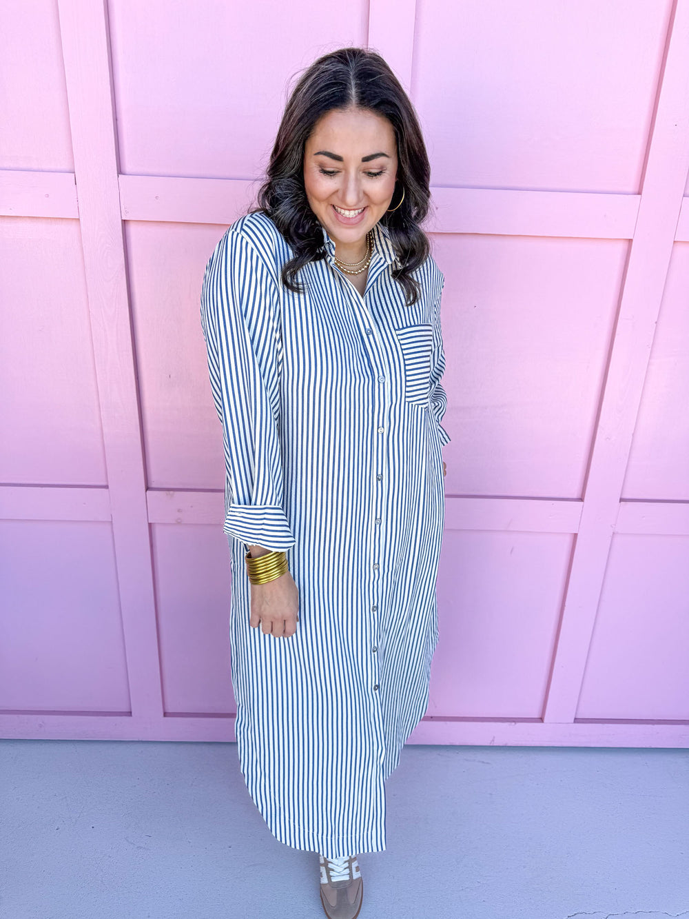 womens boutique striped dress loose fit navy white pockets jincy's