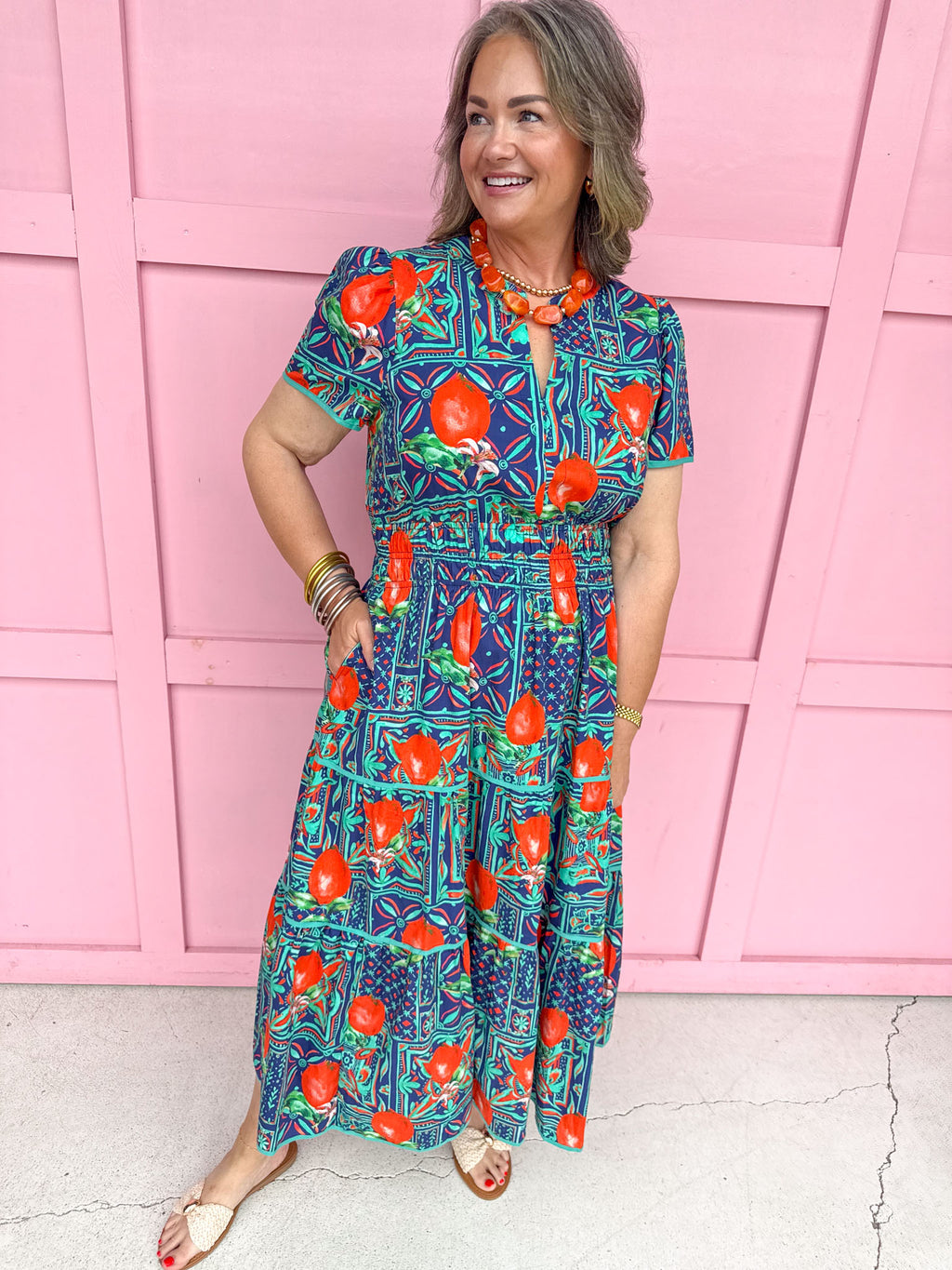 Summer In Citrus Dress - Navy/Orange