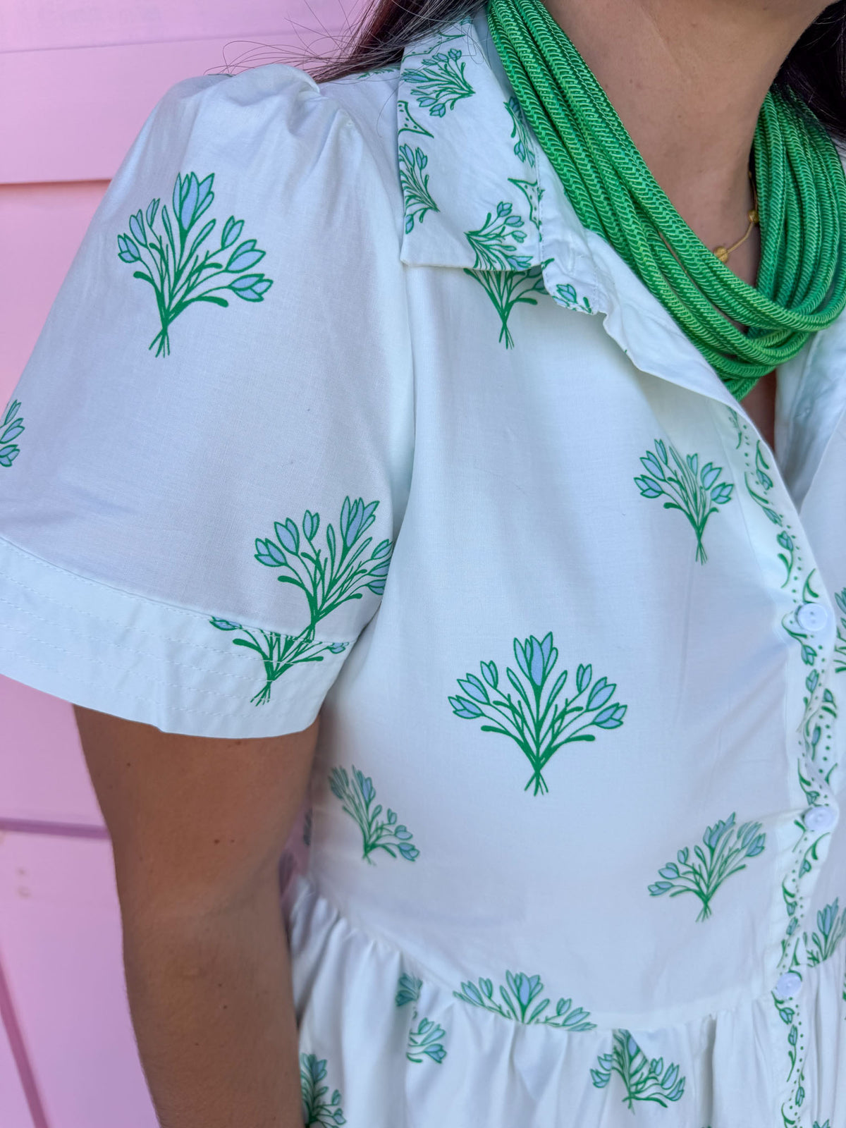 Collared Full Button Front Tiered Skirt Has Pockets Lined plus sized mary square white blue green floral womens boutique jincy's