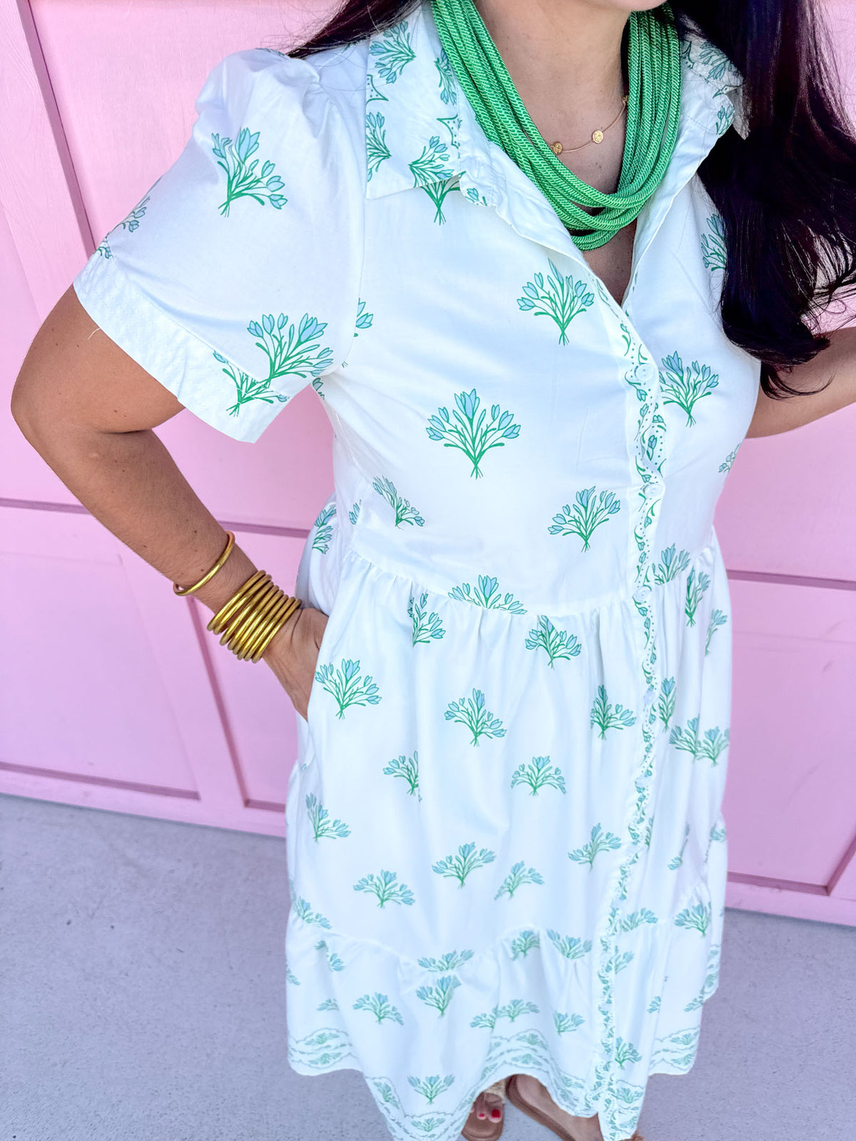 Collared Full Button Front Tiered Skirt Has Pockets Lined plus sized mary square white blue green floral womens boutique jincy's