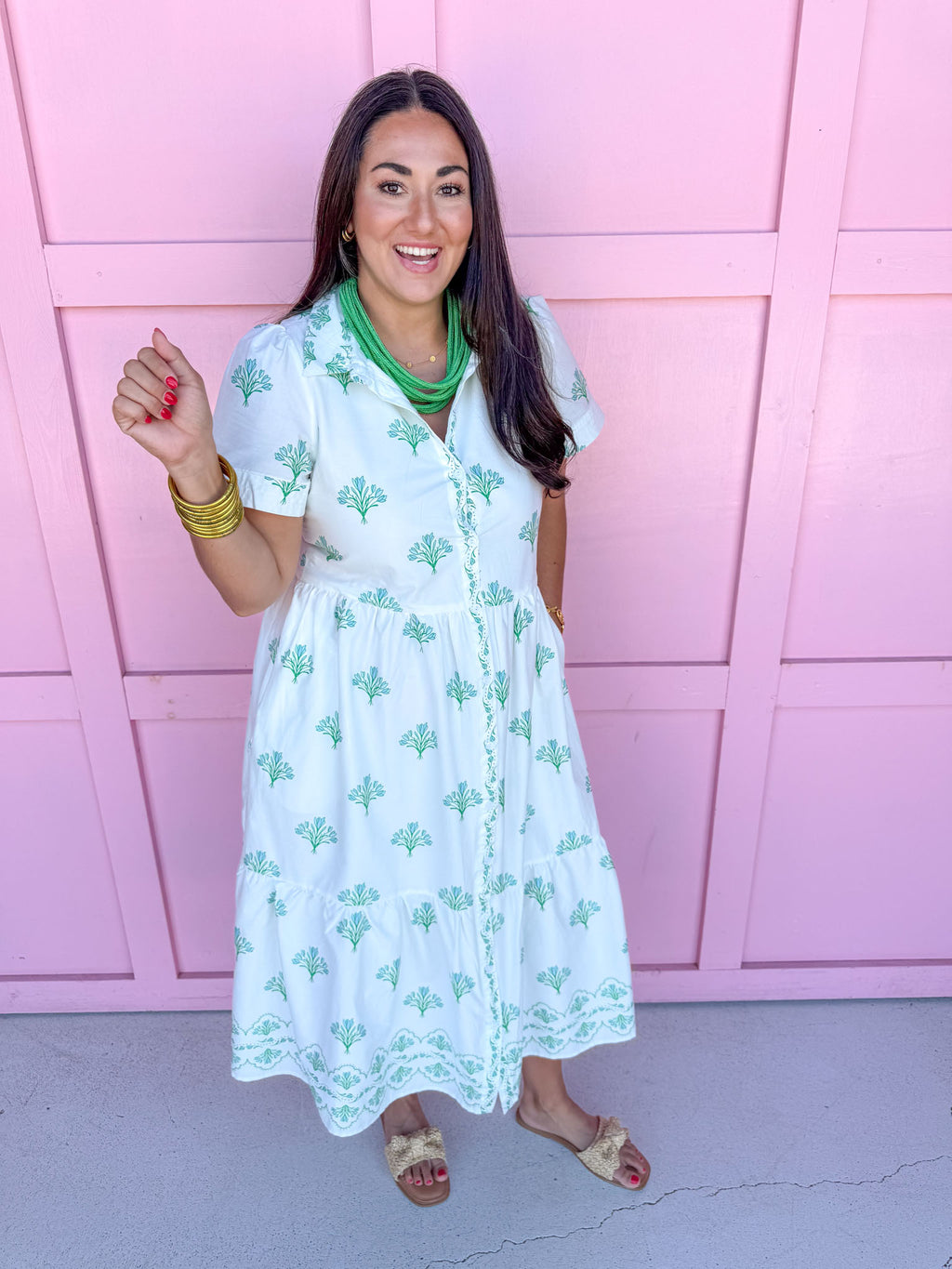 Collared Full Button Front Tiered Skirt Has Pockets Lined plus sized mary square white blue green floral womens boutique jincy's
