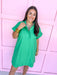 full button front stand-up collar mini dress delicate stitch hem detailing and intricate cuff embroidery green mini length short sleeves womens boutique jincy's