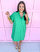 full button front stand-up collar mini dress delicate stitch hem detailing and intricate cuff embroidery green mini length short sleeves womens boutique jincy's