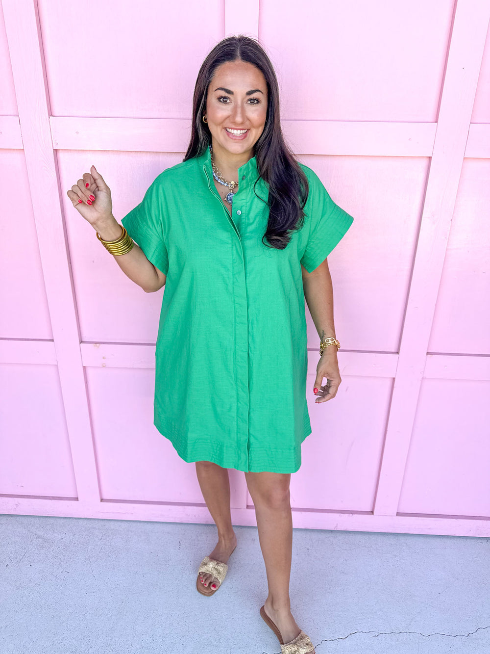full button front stand-up collar mini dress delicate stitch hem detailing and intricate cuff embroidery green mini length short sleeves womens boutique jincy's