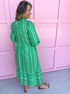 Elastic Cuffs Button Front Has Pockets Tiered Midi dress green white pink accent mary square plus size womens boutique jincy's