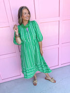 Elastic Cuffs Button Front Has Pockets Tiered Midi dress green white pink accent mary square plus size womens boutique jincy's