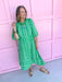 Elastic Cuffs Button Front Has Pockets Tiered Midi dress green white pink accent mary square plus size womens boutique jincy's