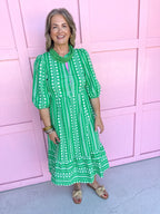 Elastic Cuffs Button Front Has Pockets Tiered Midi dress green white pink accent mary square plus size womens boutique jincy's