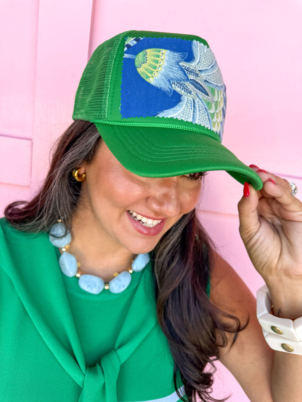 green trucker-style cap with a green and blue floral pattern foam hat adjustable womens boutique tuckers truckers jincy's
