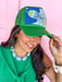 green trucker-style cap with a green and blue floral pattern foam hat adjustable womens boutique tuckers truckers jincy's