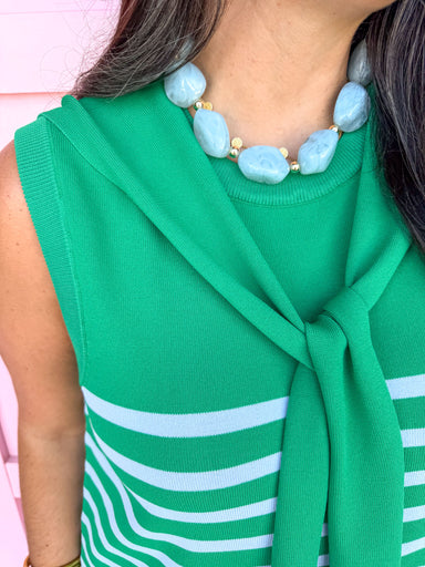 Crew Neckline Sleeveless Faux Sweater Tie mini dress green blue stripes womens boutique jincy's 
