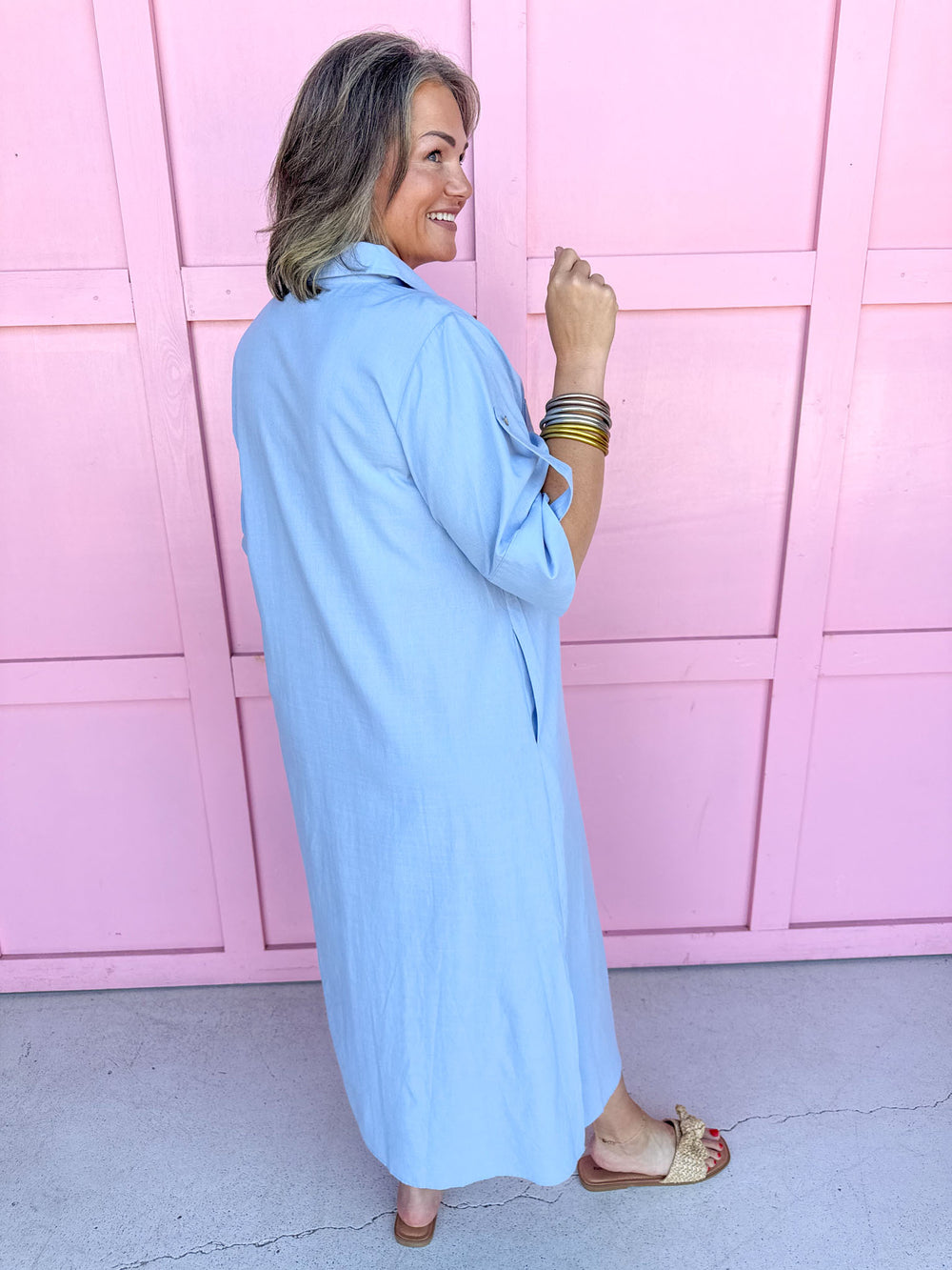 front button pocket dress collared side slits maxi length chambray womens boutique jincy's
