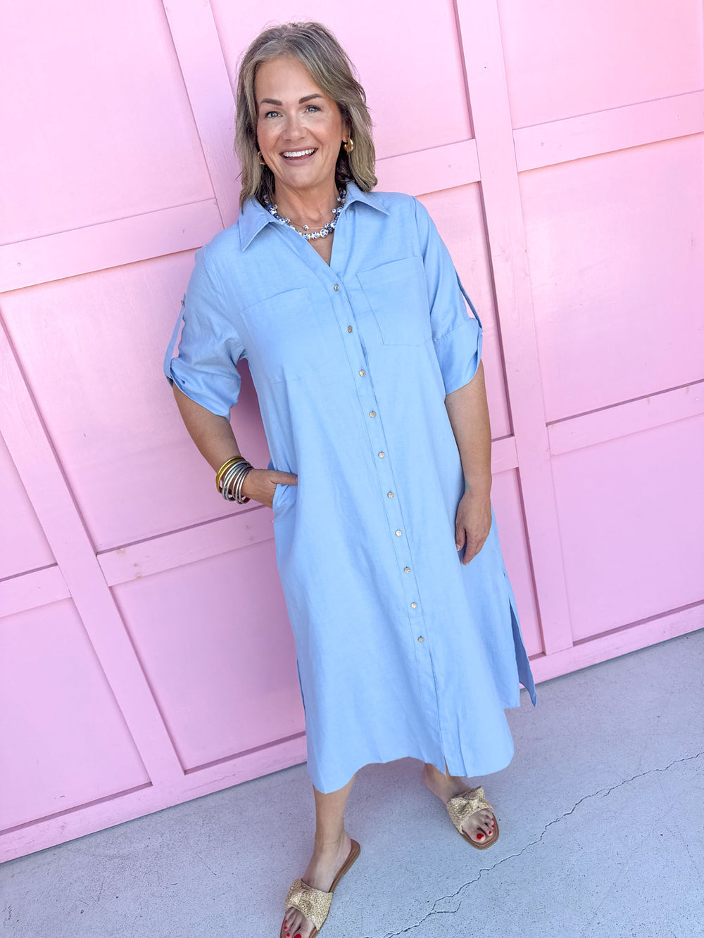 front button pocket dress collared side slits maxi length chambray womens boutique jincy's