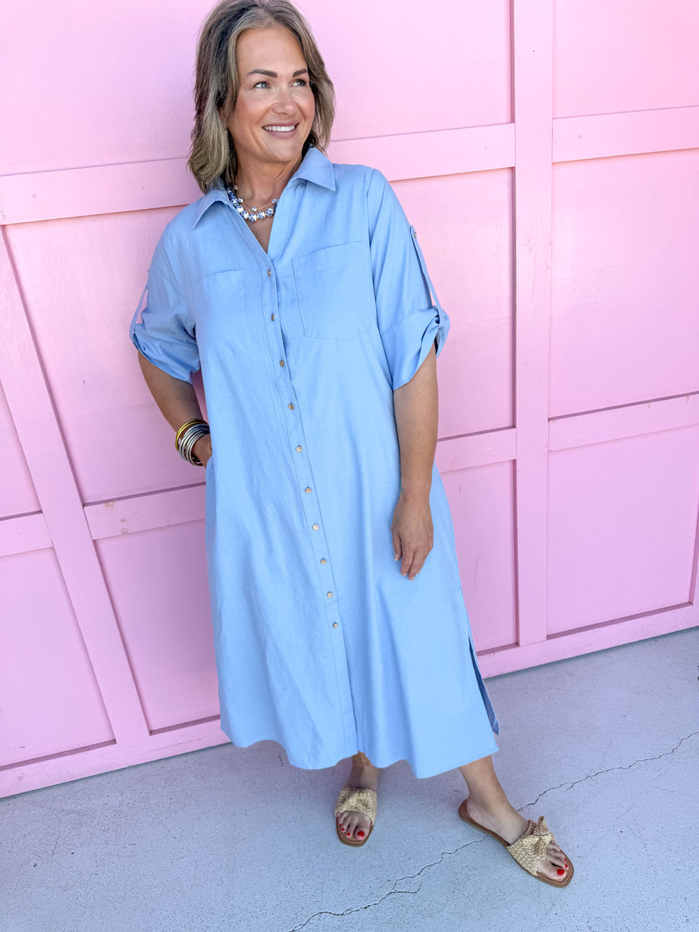 front button pocket dress collared side slits maxi length chambray womens boutique jincy's