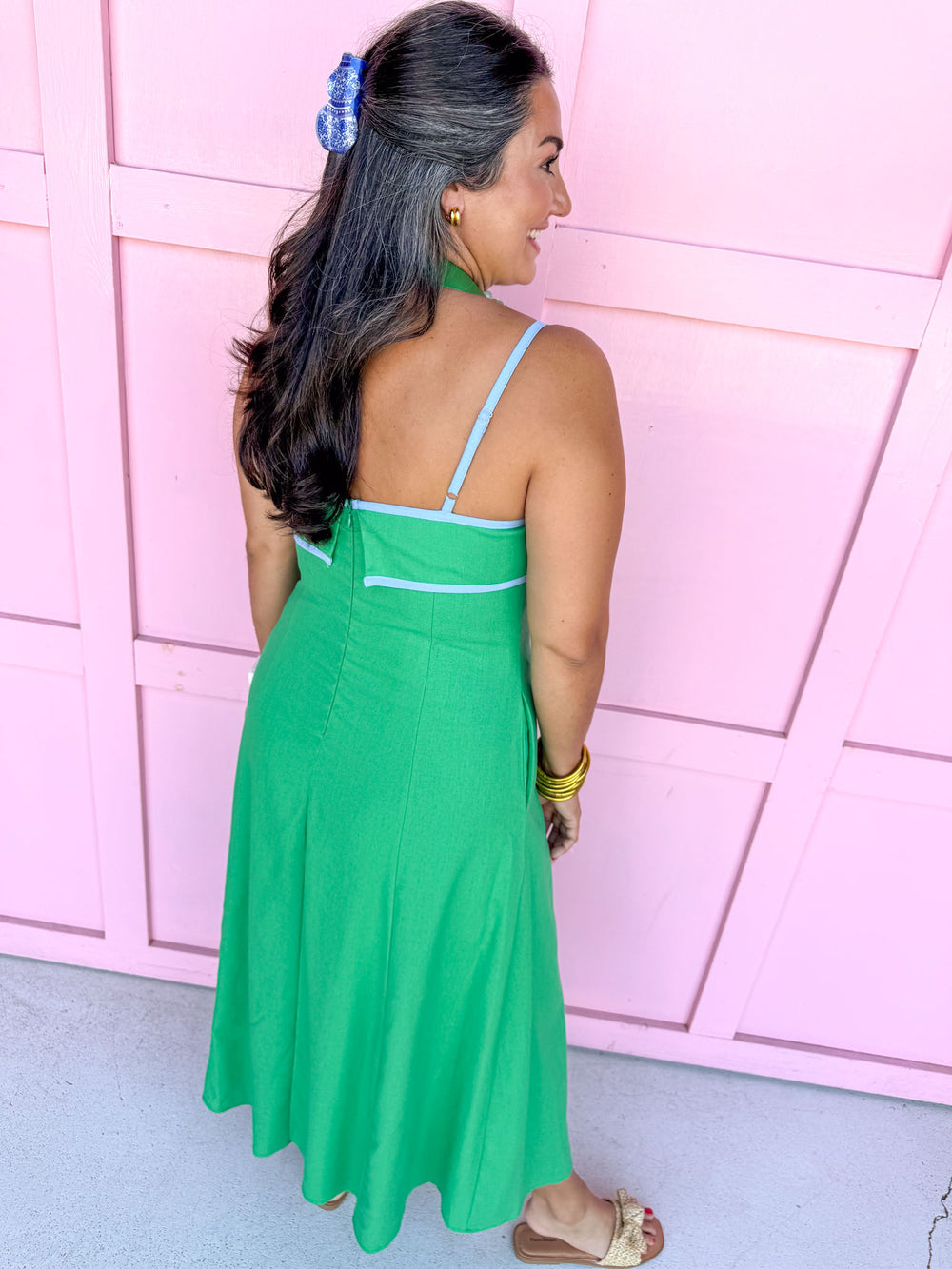 Sleeveless Square Neckline Contrast Trim Details A-Line Has Pockets Material Is Linen Like maxi length green blue detail womens boutique jincy's