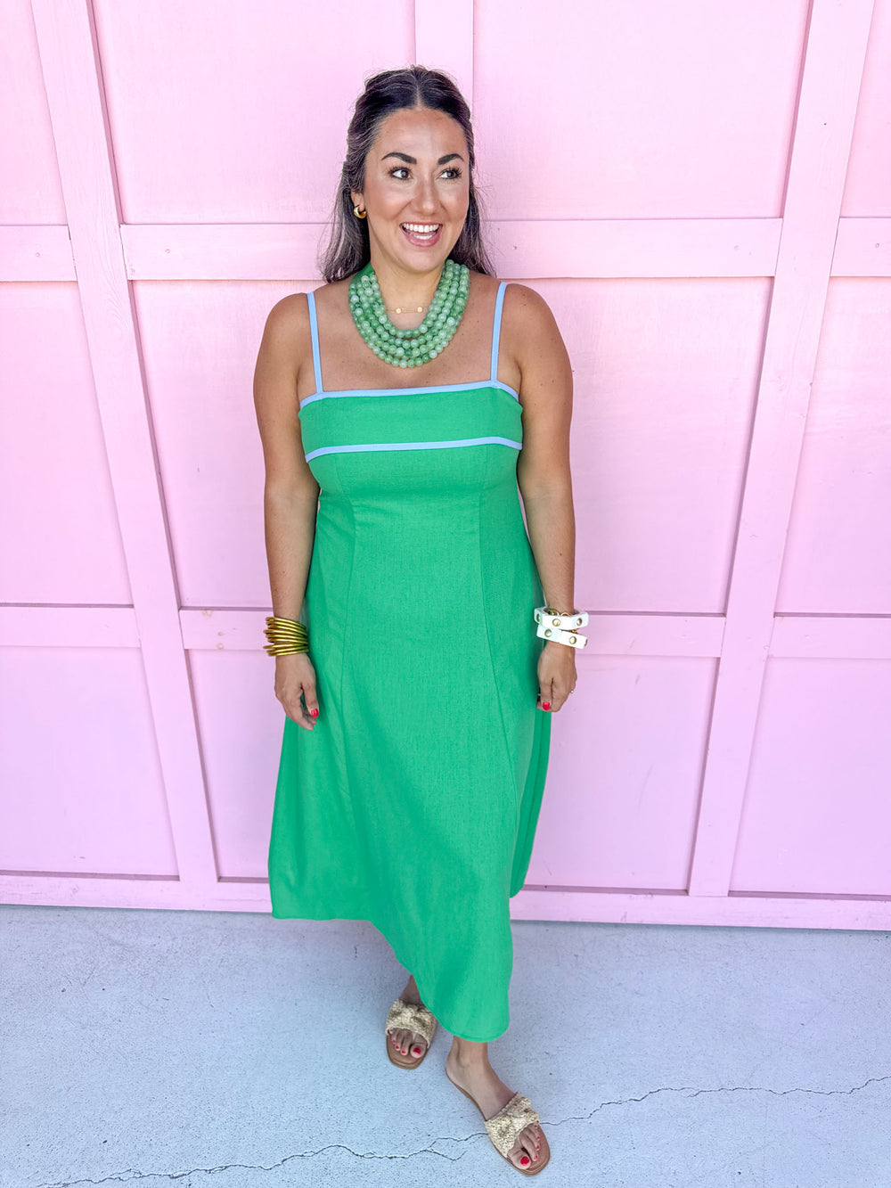 Sleeveless Square Neckline Contrast Trim Details A-Line Has Pockets Material Is Linen Like maxi length green blue detail womens boutique jincy's