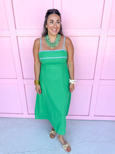 Sleeveless Square Neckline Contrast Trim Details A-Line Has Pockets Material Is Linen Like maxi length green blue detail womens boutique jincy's