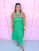 Sleeveless Square Neckline Contrast Trim Details A-Line Has Pockets Material Is Linen Like maxi length green blue detail womens boutique jincy's