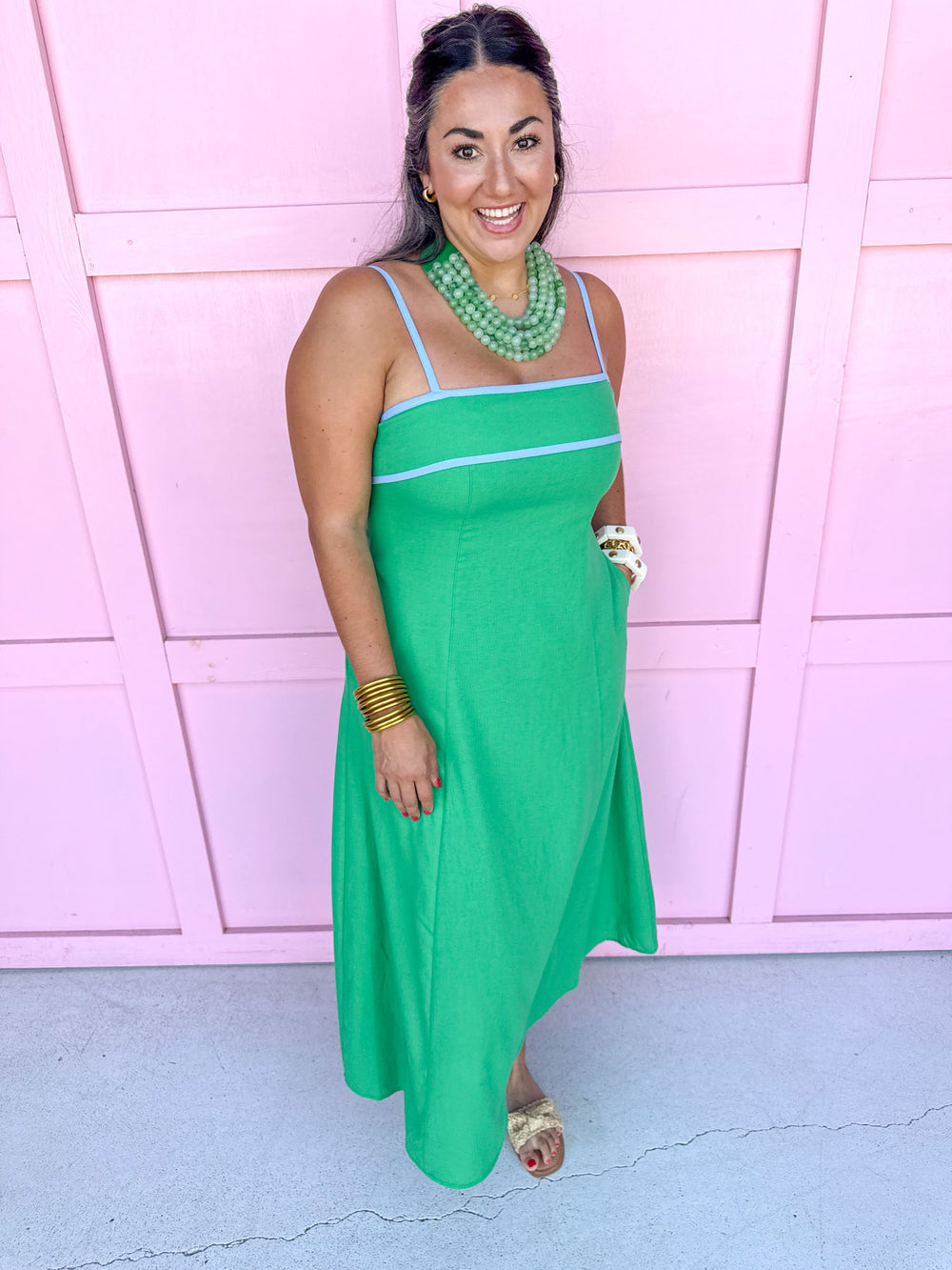 Sleeveless Square Neckline Contrast Trim Details A-Line Has Pockets Material Is Linen Like maxi length green blue detail womens boutique jincy's