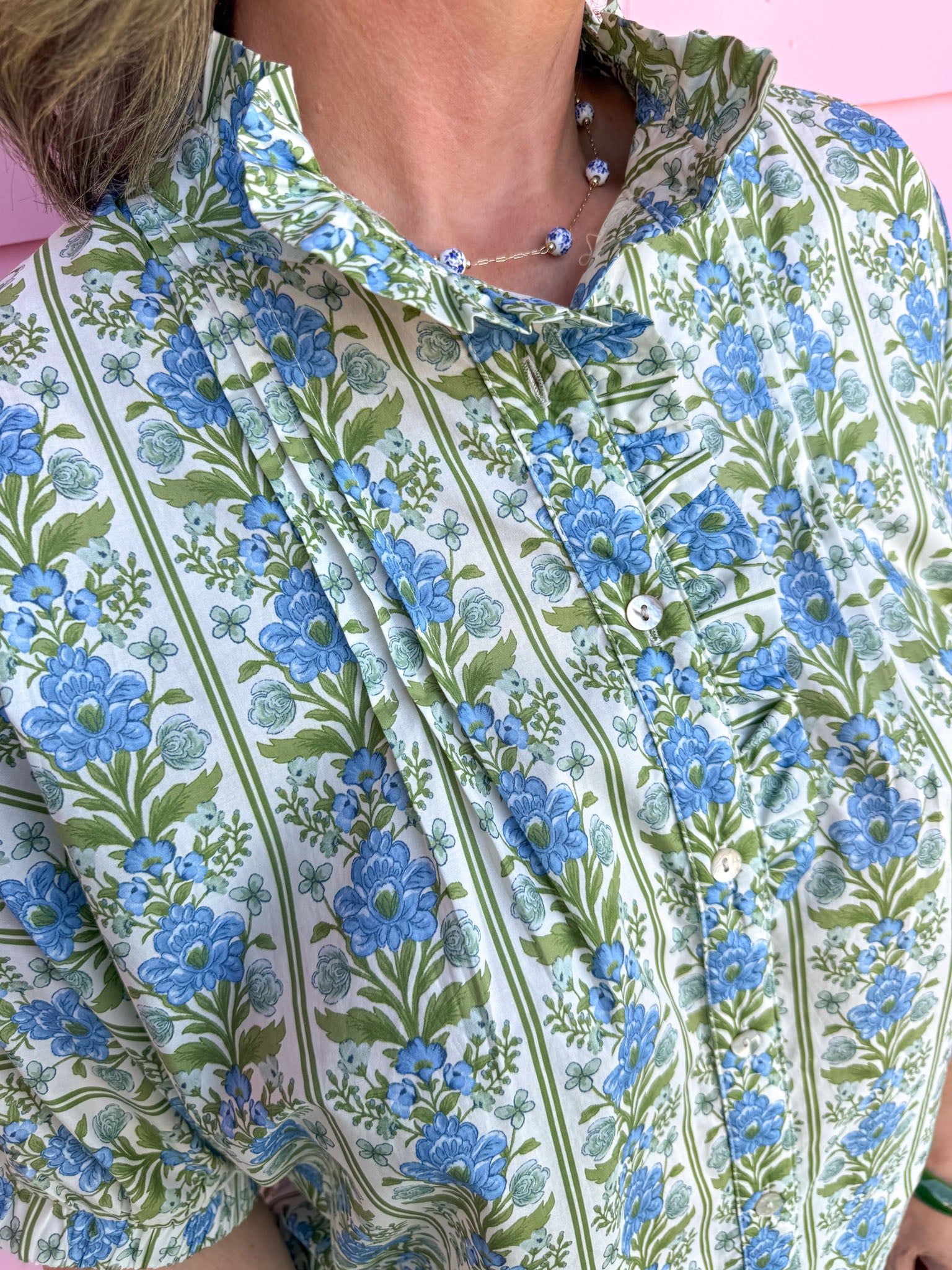 Ruffle Neckline V-Neckline Full Button Front Drop Sleeve Elastic Cuff floral pattern short sleeve shirt casual dressy womens boutique jincy's