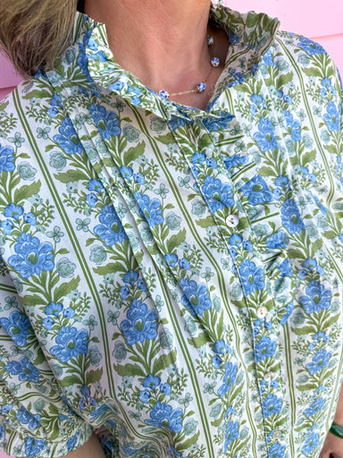 Ruffle Neckline V-Neckline Full Button Front Drop Sleeve Elastic Cuff floral pattern short sleeve shirt casual dressy womens boutique jincy's