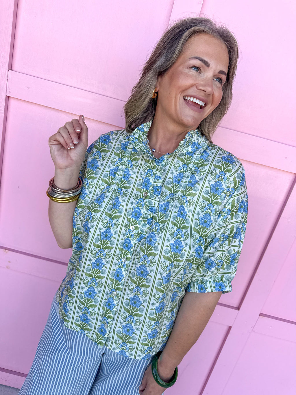 Ruffle Neckline V-Neckline Full Button Front Drop Sleeve Elastic Cuff floral pattern short sleeve shirt casual dressy womens boutique jincy's