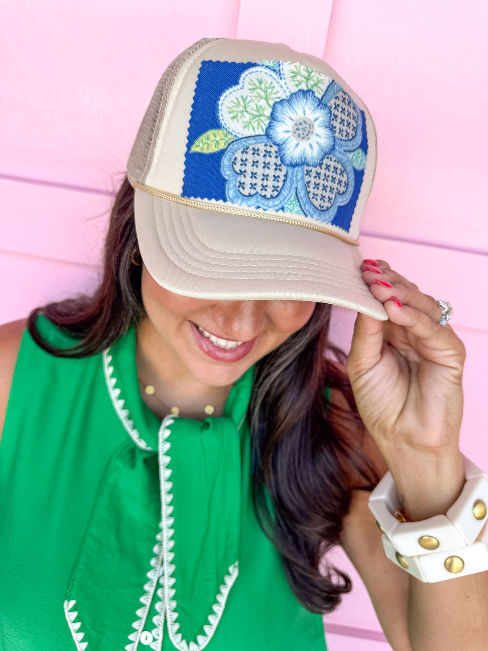 khaki trucker-style cap with a green and blue flower pattern foam hat adjustable womens boutique tuckers truckers jincy's