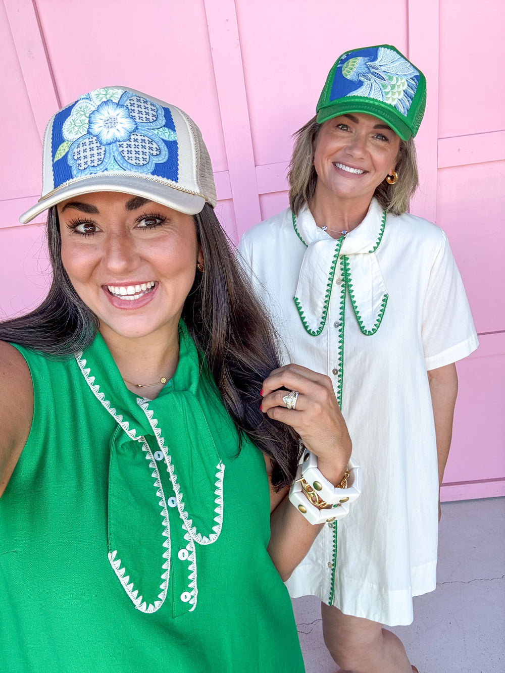 khaki green trucker-style cap with a green and blue floral pattern foam hat adjustable womens boutique tuckers truckers jincy's