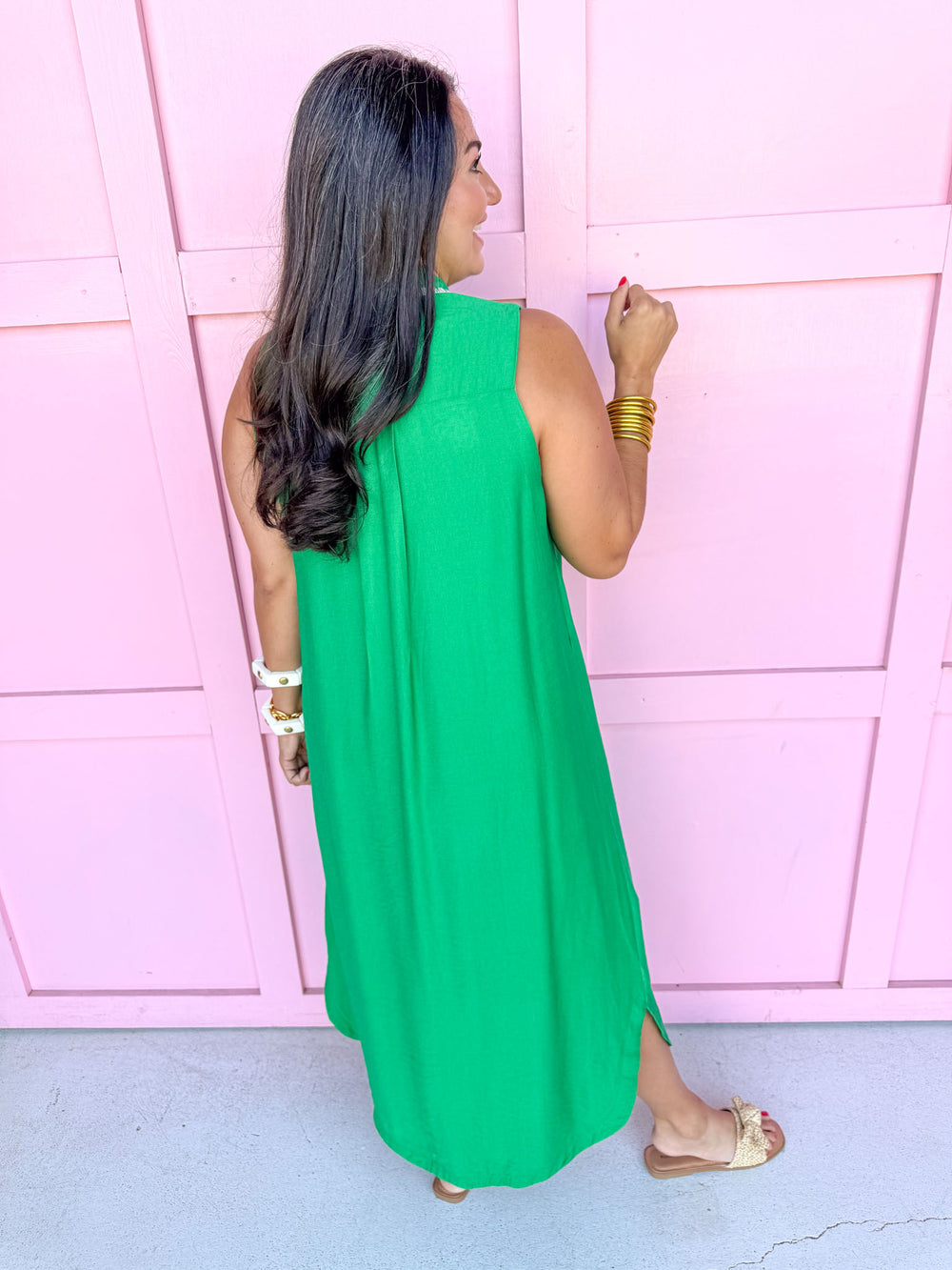 Tie Collar Front Buttons Midi Length Crochet Trim green cream trim sleeveless womens boutique jincy's 