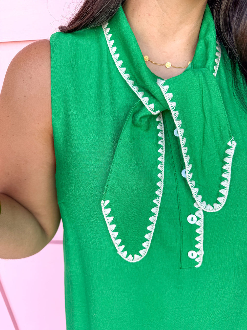 Tie Collar Front Buttons Midi Length Crochet Trim green cream trim sleeveless womens boutique jincy's 