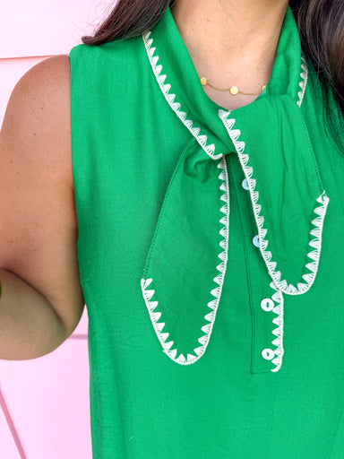 Tie Collar Front Buttons Midi Length Crochet Trim green cream trim sleeveless womens boutique jincy's 