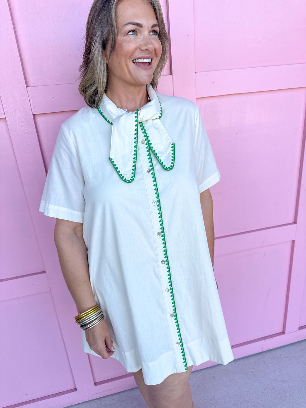 Mini Length full Front Buttons Lightweight Crochet Trim ecru green trim short sleeve womens boutique jincy's 