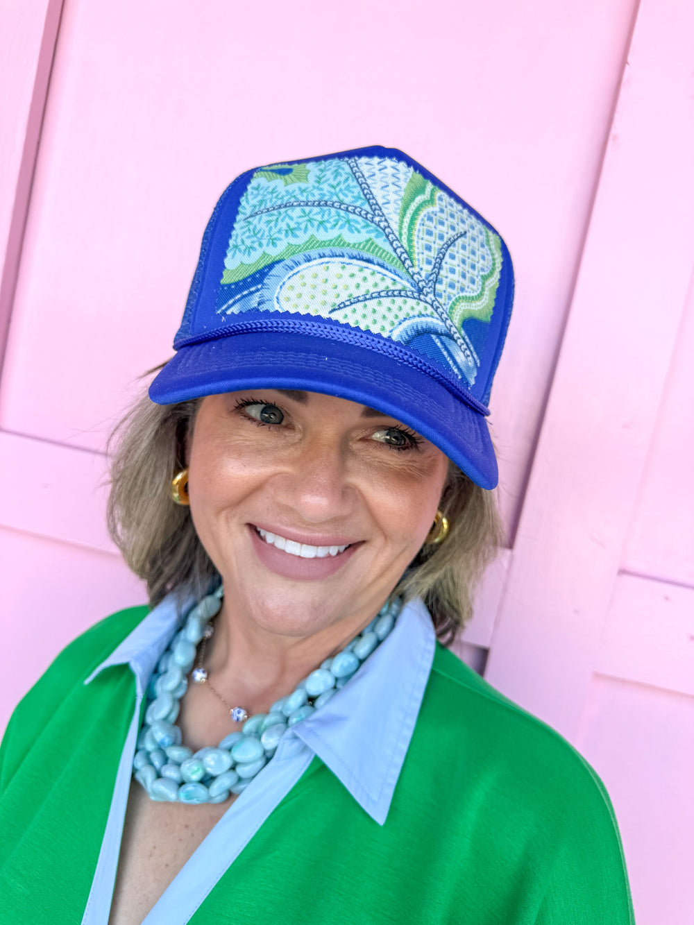 blue trucker-style cap with a green and blue paisley pattern foam hat adjustable womens boutique tuckers truckers jincy's