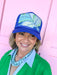 blue trucker-style cap with a green and blue paisley pattern foam hat adjustable womens boutique tuckers truckers jincy's