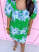 square neckline full front button eyelet mini length floral blue green white elastic sleeves womens boutique jincy's