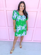 square neckline full front button eyelet mini length floral blue green white elastic sleeves womens boutique jincy's