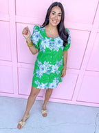 square neckline full front button eyelet mini length floral blue green white elastic sleeves womens boutique jincy's