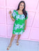 square neckline full front button eyelet mini length floral blue green white elastic sleeves womens boutique jincy's