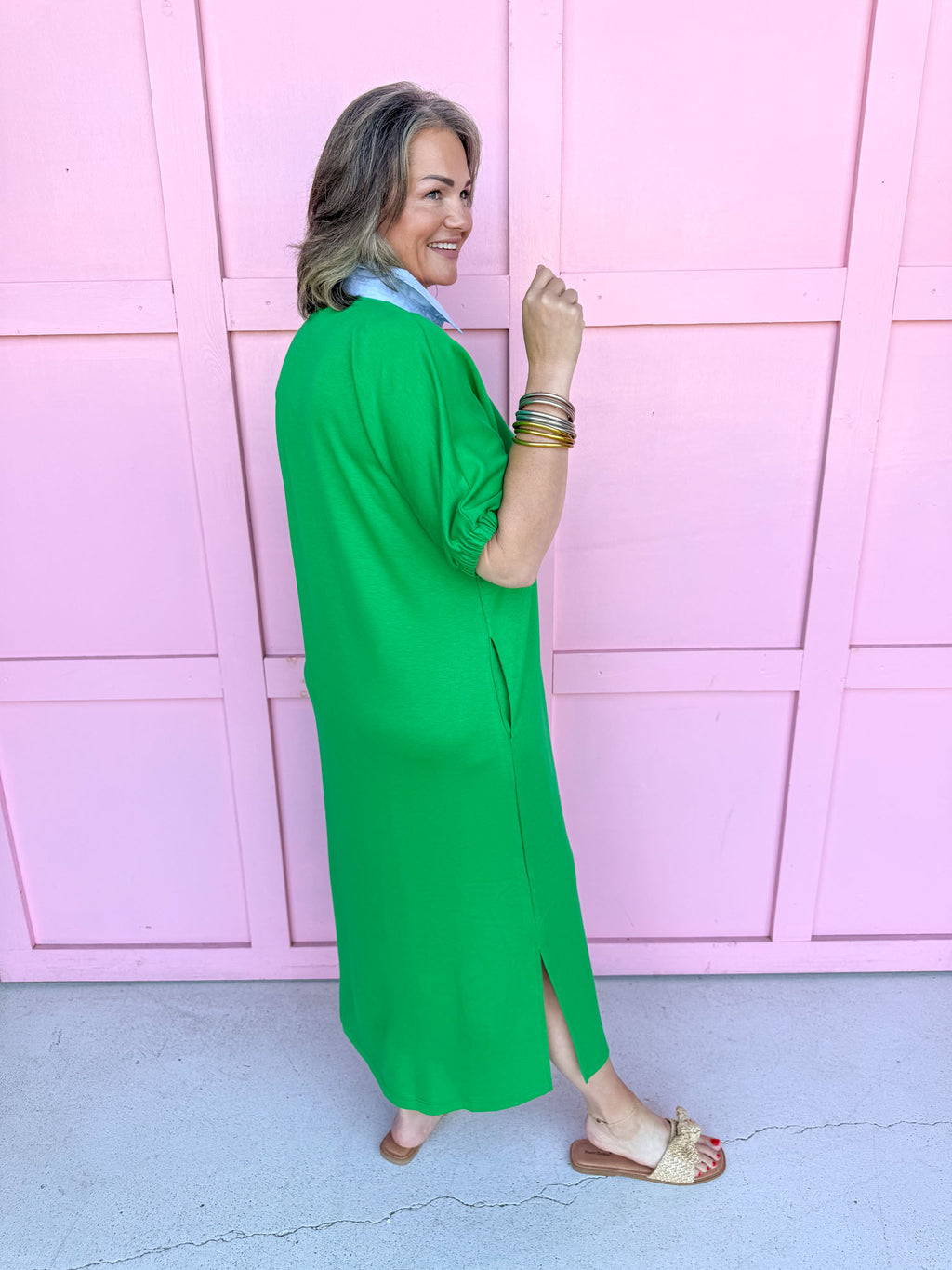womens boutique green blue collared color accent elastic sleeves side slits jincy's 